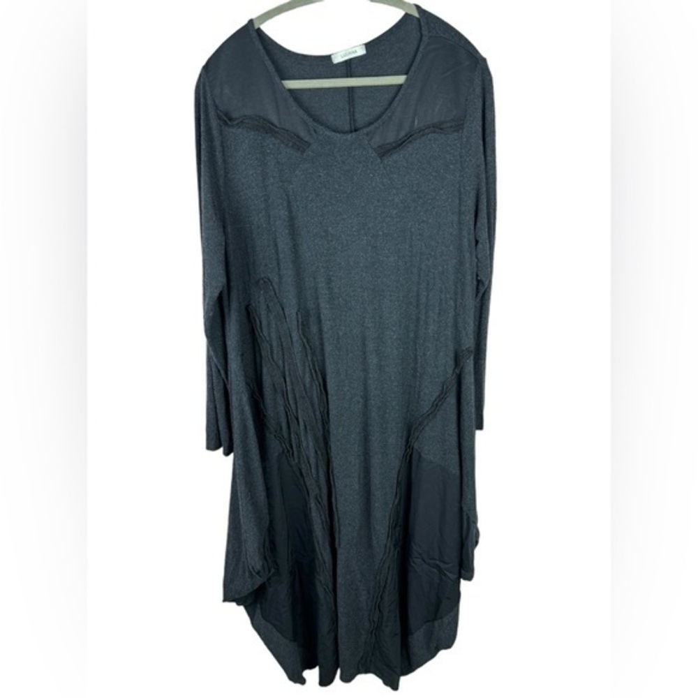 Luukaa women’s grey black lagenlook asymmetric Mixed Fabric Black Dress size 14